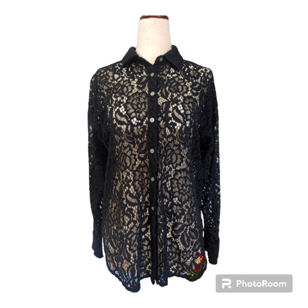 Loft Button Down Collared Top Black Lace Size Xs … - image 1